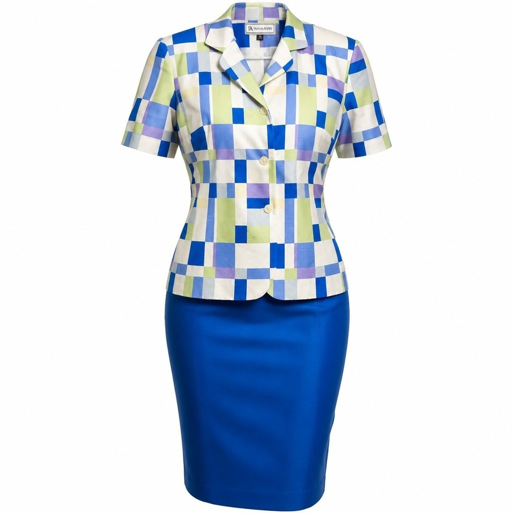 Travis Ayers Womens 14 Silk Skirt Suit Set Blue Green Geometric Blazer Skirt Y2K
